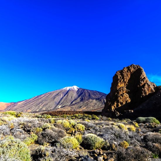 A beautiful shot of a mountain, big rocks and green plants in a clear blue sky of canary islands in spain